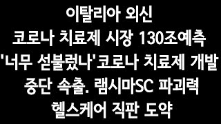 이탈리아 외신- 코로나 치료제 시장 130조예측, 너무 섣불렀나.코로나 치료제 개발 '중단' 속출. 램시마SC 파괴력.헬스케어 직판 도약