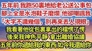 五年前我跑50裏地給老公送公事包，腳上全是水泡鞋子磨爛，他卻嘲諷我「大字不識幾個，別再來丟人現眼」我看著他從包裏拿出的檔愣了愣，後來我神色平靜拿出離婚協議，五年前你遞給我的東西如今我還給你#完結#爽文