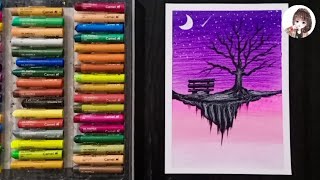oil pastel drawing for beginners/ moonlight night scenery drawing with oil pastel