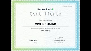SQL Basic Skill Certification Test on #Hackerrank #DetailsCode #EarnedFreeCertificate #Analitcs