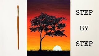 Easy Sunset Painting for Beginners | Acrylic Painting Tutorial Step by Step ( ENG SUB )