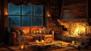 Cozy Cabin Ambience with Soft Jazz Music 🌧️ Heavy Rain, Fireplace Sounds to Relax & Sleep 4K