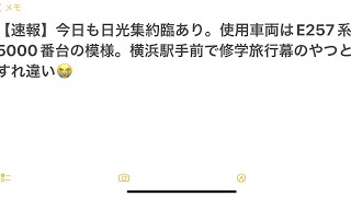 【速報】今日も日光集約臨あり。使用車両はE257系5000番台の模様。横浜駅手前で修学旅行幕のやつとすれ違い😭（写真有り）