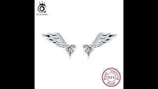 ORSA JEWELS 14mm Eagle Wing Stud Earring with Heart Big Crstal Stone Real 925 Silver Earrings Women