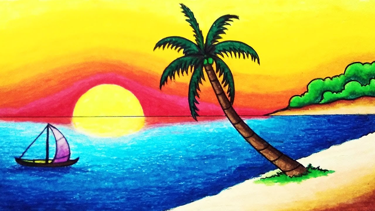 How To Draw Sunset In Tropical Beach For Beginners | Easy Nature ...