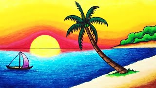 How to Draw Sunset in Tropical Beach for Beginners | Easy Nature Scenery Drawing Step by Step