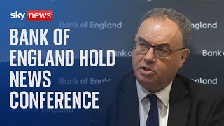 Bank of England holds news conference as the base interest rate is held at 5.25%