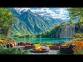 ☀️🌺 4k immersive morning lakeside – spring nature sounds u0026 cozy campfire for relaxation u0026 focus