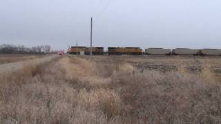 Westbound UP meets Eastbound west of Ames, Iowa w/ A\u0026NR boxcar