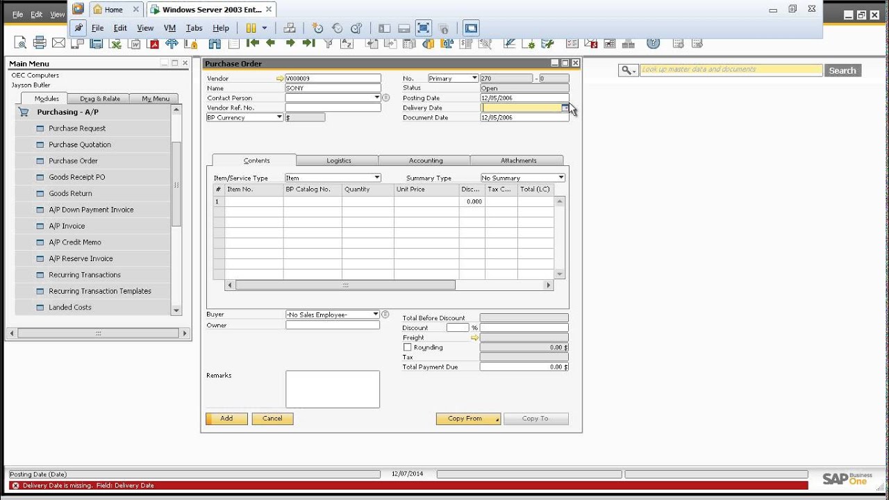 [SAP B1] Purchasing - Purchase Order - YouTube