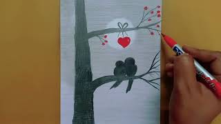 How to Draw scenery of Moonlight Night by pencil sketch/ love birds scenery drawing step by step