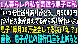 【スカッと】一人暮らしの私のことを気遣ってくれる息子に私「いつも仕送りありがとう。月5000円でも気持ちがうれしいわ」息子「え？毎月18万送金してるよ？」「えっ？」私の銀行口座を止めた結果【総集編】