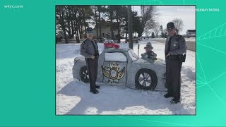 Ohio State Highway Patrol cruiser made out of snow