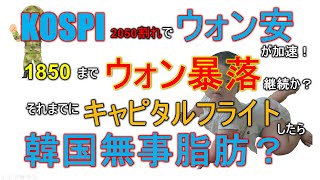 KOSPI、2050割れでウォン安が加速！1850までウォン暴落継続か？それまでにキャピタルフライトしたらK無事脂肪？