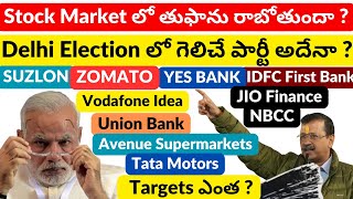 Delhi Election Impact on Stock Market in Telugu| Tata Motors| Jio Finance| NBCC| SUZLON| VI| CDSL