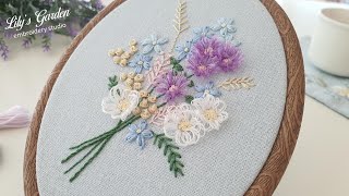 Eng sub 나홀로 프랑스자수 no.103 퍼플 포인트 꽃다발 purple Flower  ,입체자수, 3D flower embroidery