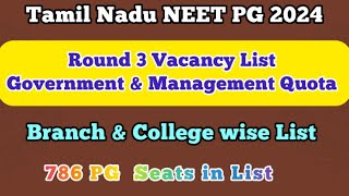 Round 3 Vacancy List | Tamil Nadu NEET PG 2024 | Government and Management Quota | Branch \u0026 College