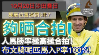 【賽馬貼士】10月20日 獨贏位置過關3串7｜夠晒合拍！｜人馬勝率極高極合拍！布文騎呢匹馬入P率100%！