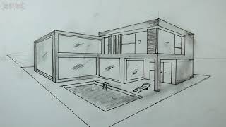Architectural - How To Draw Modern House in 2 Point Perspective for Beginners #26