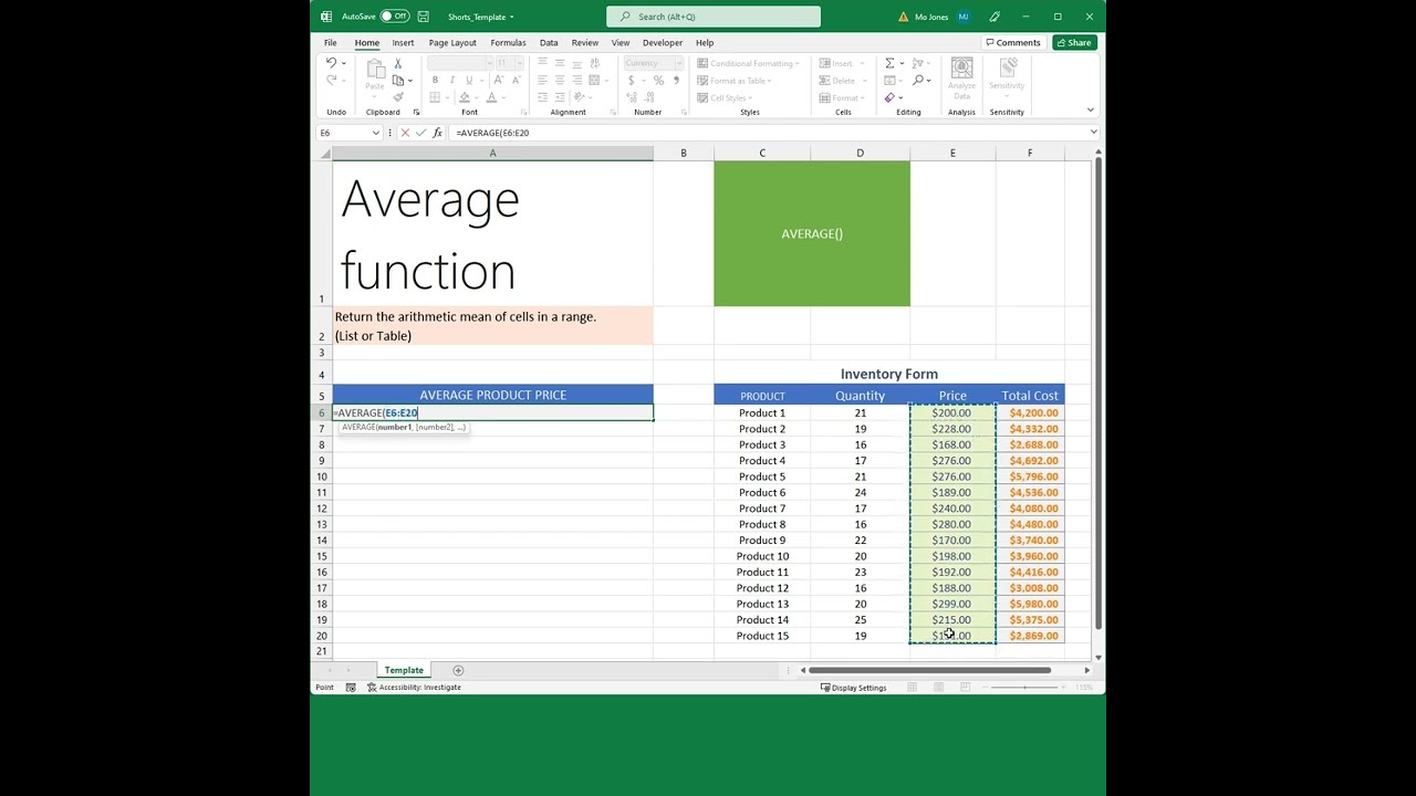 The Learnit minute – AVERAGE function #Excel #Shorts