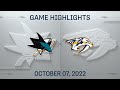 NHL Highlights | Sharks vs. Predators - October 7, 2022