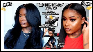 LEARN HOW TO REVAMP AN OLD WIG!! Dye Blue-Black Haircolor, New Lace Wig Product, Layer \u0026 Curl Wig