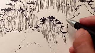 Zenful Ink Pen Drawing: Serene Cliffscape ASMR#InkPenDrawing #Zen #ASMR