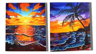 Sea Beach Scenery with acrylic color. Sunset Time.