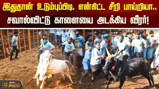 இதுதான் உடும்புப்பிடி.. என்கிட்ட சீறி பாய்றியா.. சவால்விட்டு காளையை அடக்கிய வீரர்! | jallikattu2025