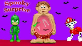 What PJ Masks and Paw Patrol toys are inside  the Play Doh Spooky Mr Man