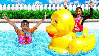 Wendy Pretend Play with Giant Inflatable Duck Swimming Pool Toys