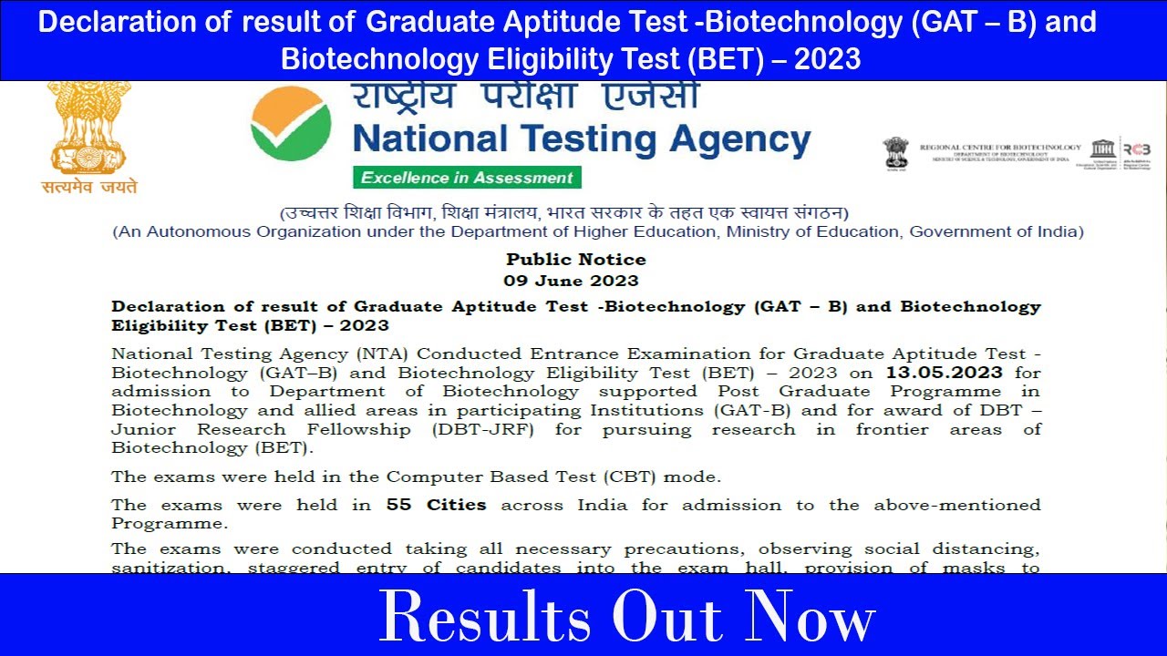 Result Of Graduate Aptitude Test -Biotechnology(GAT – B)and ...