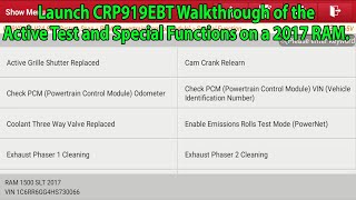 Launch CRP919 EBT Walkthrough on a 2017 RAM 1500 showing the Active Test and Special Functions.