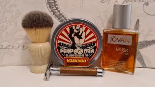 Ikon OSS head kuou bamboo handle : voskhod blade : propaganda soap: RS balm  jovan splash