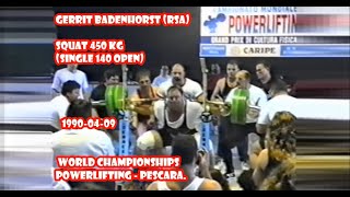 Gerrit Badenhorst (RSA) squat 450 KG (Single 140 Open) 1990-04-09 WORLD CHAMPIONSHIPS POWERLIFTING