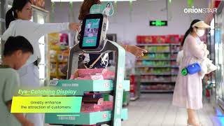 Luckibot working in a supermarket, selling yogurt and snacks