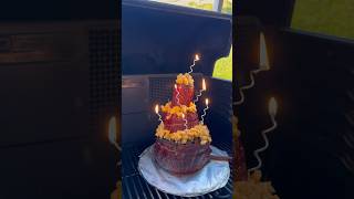 3 Tier Rib Birthday Cake Stuffed with Mac N Cheese.  It also was an active BBQ sauce volcano