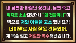 [사이다사연]내 남편과 바람난 상간녀.남편 죽고 위자료 소송걸었더니왜 건들이냐며 역으로 저와 아들을 고소했네요너야말로 사람 잘못건들였어.제 목숨걸고 처절한 복수 해줬습니다