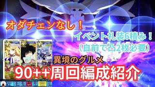 [FGO]90++（異境のグルメ）編成紹介！オダチェンなし、イベ礼装6積み！バサトリアLv120宝具5、ロウヒ宝具1！＊凸イベ礼装自前で2枚必要