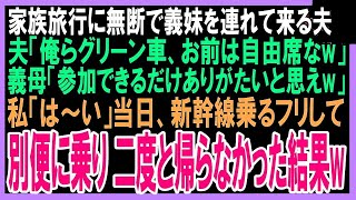 【スカッと】家族旅行に無断で義妹を連れて来る夫「俺らグリーン車、お前は自由席なw」義母「参加できるだけありがたいと思えw」私「は〜い」幹線乗るフリして別便に乗り 二度と帰らなかった結果w（朗読）