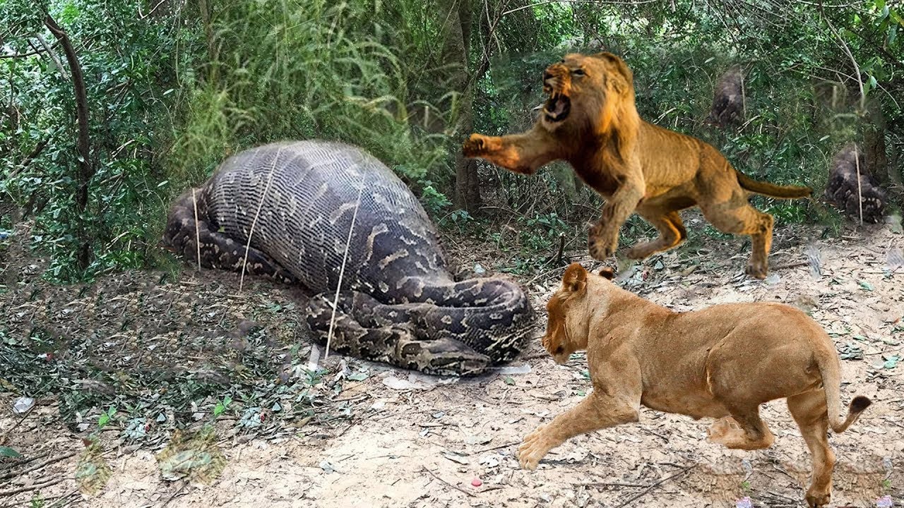 Lions Vs Big Python Snake Real Fight | Lions Attack Crocodile Lion ...