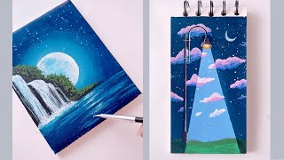 Fountain scenery at night || 4 Easy Acrylic Night Scenery Painting || Painting Technique