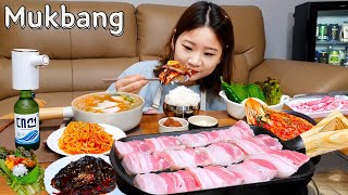 🥩삽겹살정식+소주반주🍶 삽에 구운 때깔 美친 오겹살에 고봉밥은 못 참지🍚 삼겹살 KOREANFOOD MUKBANG ASMR EATINGSHOW REALSOUND 집밥 요리 먹방