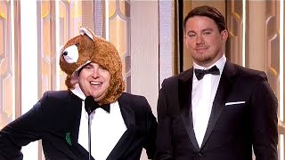 Jonah Hill Presents as ‘The Revenant’ BEAR with Channing Tatum at Golden Globes 2016