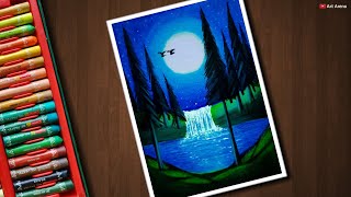 Moonlight Waterfall scenery drawing for beginners with Oil Pastels - step by step