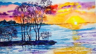 Golden Reflections: Sunrise Over Tranquil Lake and Island in Watercolor