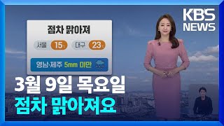 [날씨] 점차 맑아져요…남부, 20도 웃돌아요 / KBS  2023.03.09.