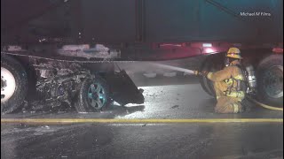 Two killed after car gets wedged underneath tractor trailer and catches fire in Ventura