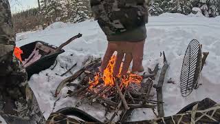 Cooking a Tomahawk Steak in the woods. Winter cooking