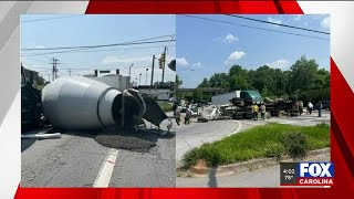 Overturned concrete truck blocks Pine Street in Spartanburg